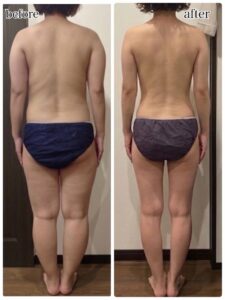 ダイエットにより体型が変化し、全身がすっきりしたビフォーアフター写真。